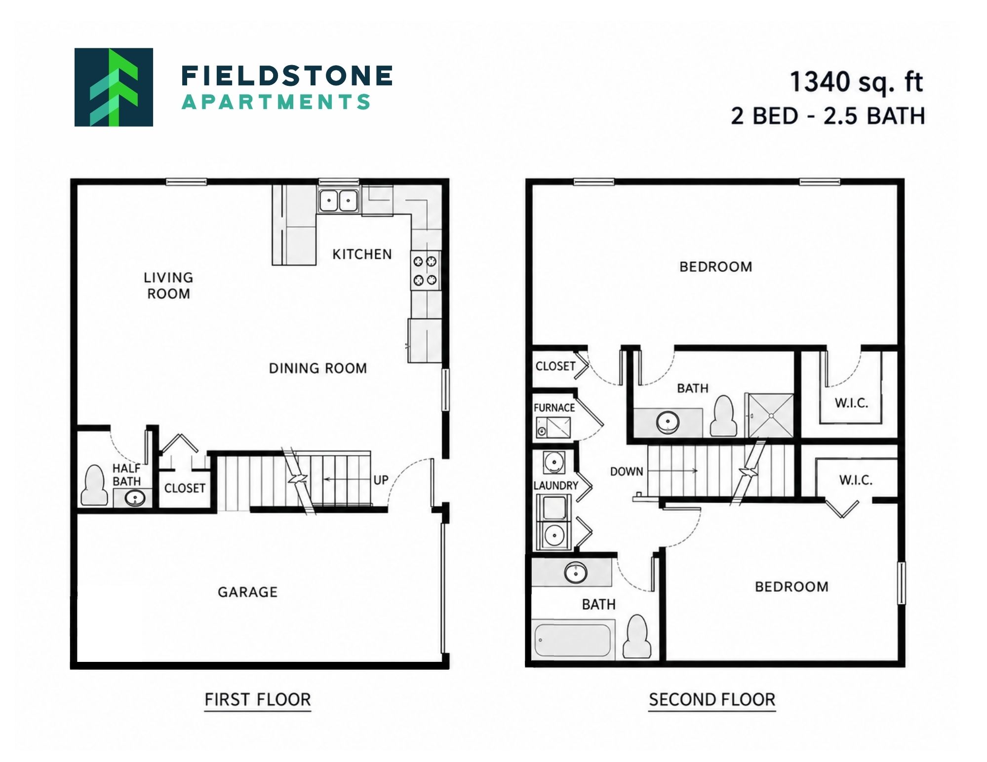 Floor plan for 2 beds, 2 baths, 1340 sqft